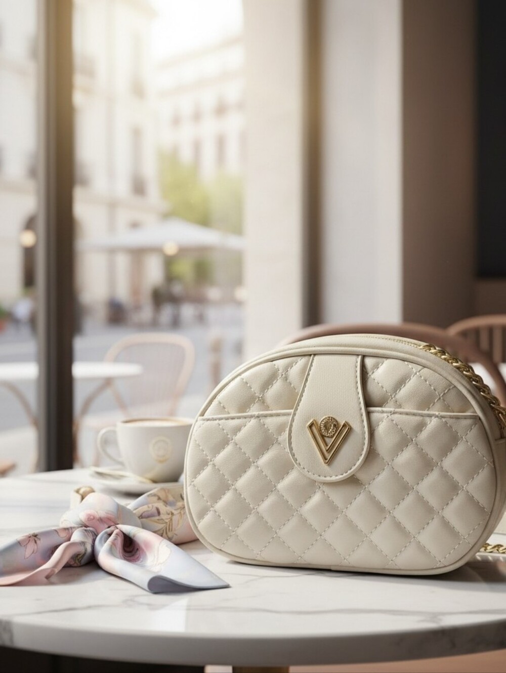 Cream Quilted Crossbody Bag with Gold Accent